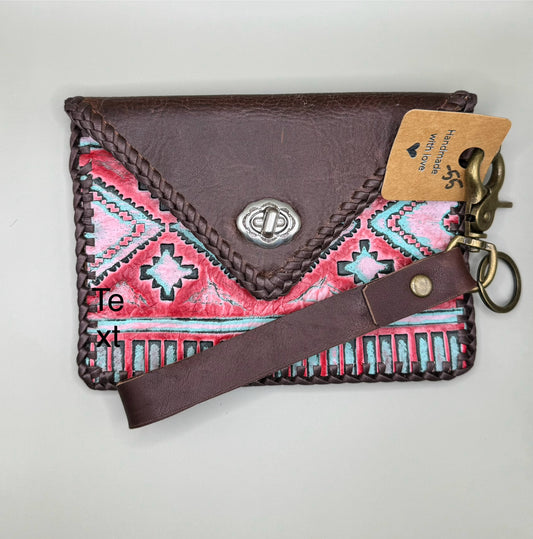 Handmade Embossed Leather Wristlet – Bold Aztec Design with Rustic Charm