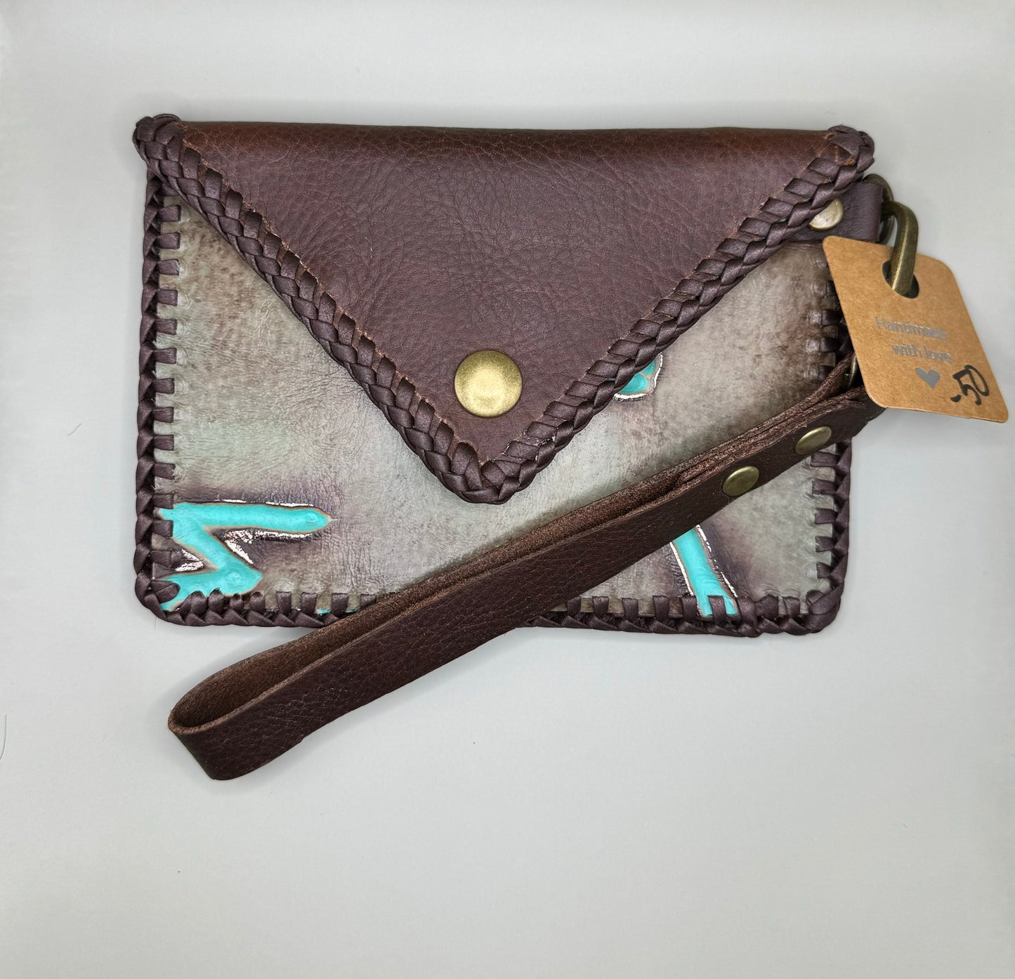 Handmade 5.5x6 Embossed Leather Wristlet with Rustic Brown and Turquoise Design