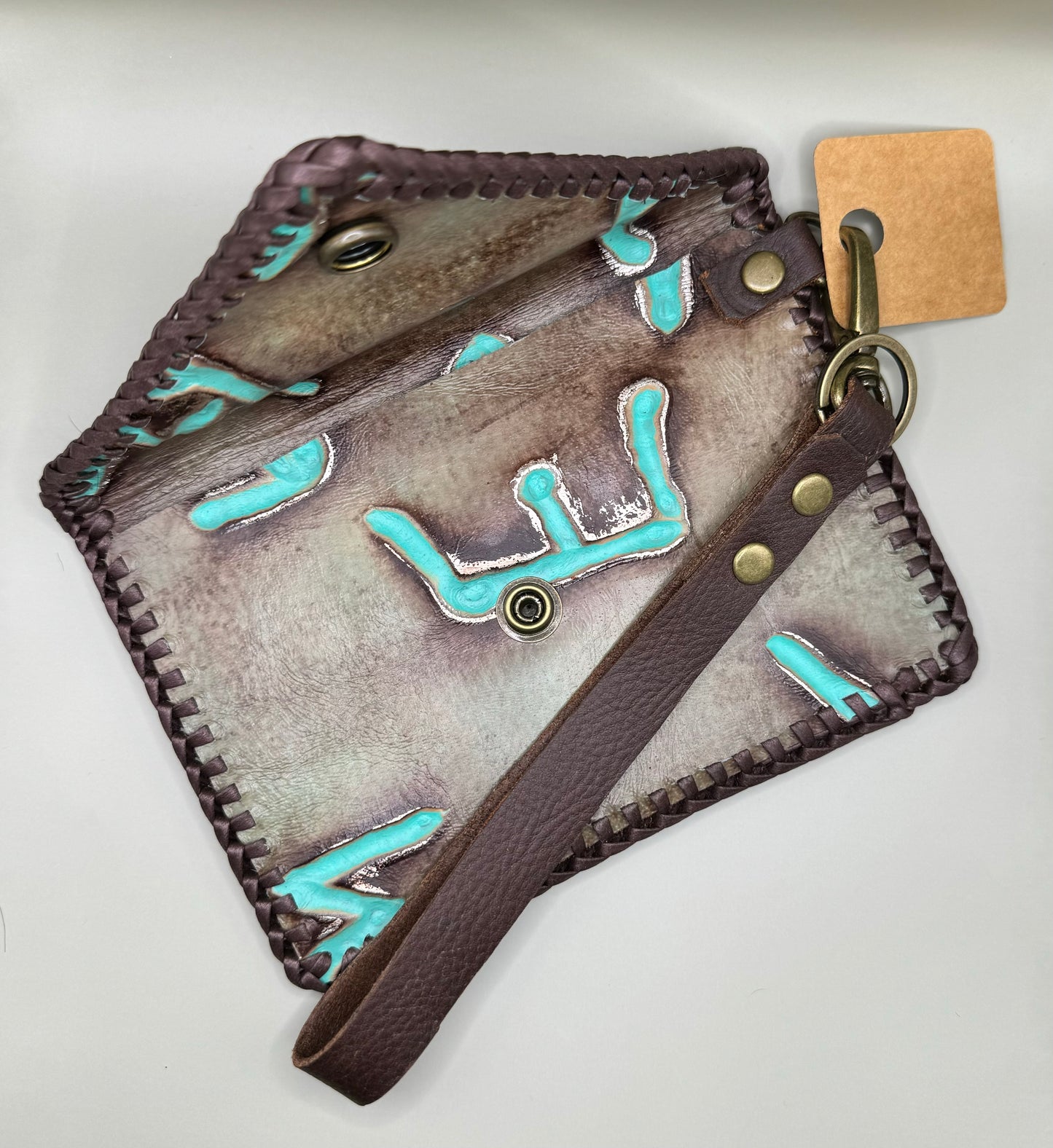 Handmade 5.5x6 Embossed Leather Wristlet with Rustic Brown and Turquoise Design